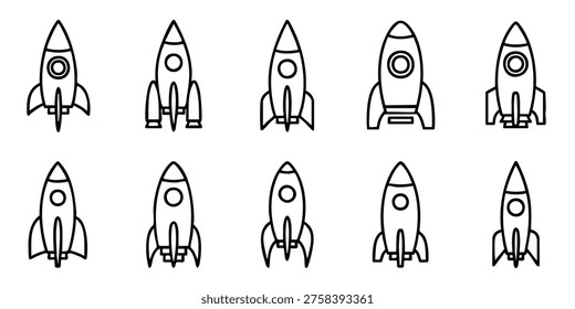 Rockets are launching into space with various designs and styles shown, Rockets soar through space in various flight formations and angles.