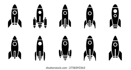Rockets are launching into space with various designs and styles shown, Rockets soar through space in various flight formations and angles.