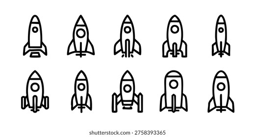 Rockets are launching into space with various designs and styles shown, Rockets soar through space in various flight formations and angles.