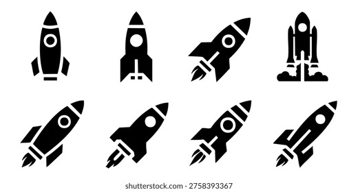 Rockets are launching into space with various designs and styles shown, Rockets soar through space in various flight formations and angles.