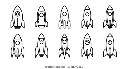 Rockets are launching into space with various designs and styles shown, Rockets soar through space in various flight formations and angles.