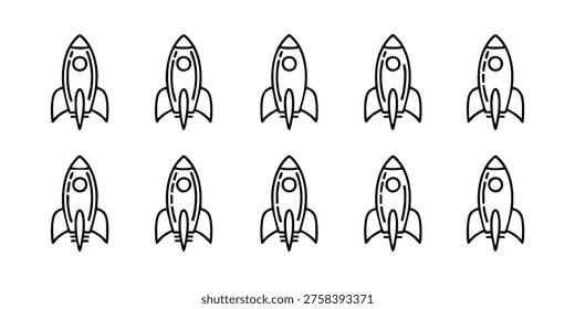 Rockets are launching into space with various designs and styles shown, Rockets soar through space in various flight formations and angles.