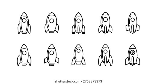 Rockets are launching into space with various designs and styles shown, Rockets soar through space in various flight formations and angles.