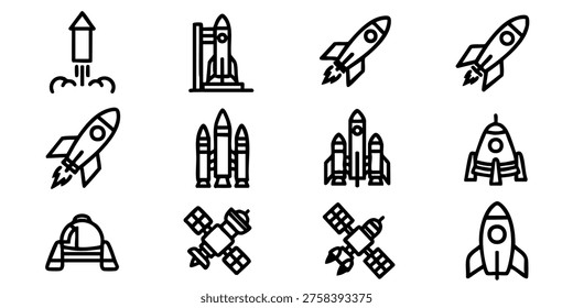 Rockets are launching into space with various designs and styles shown, Rockets soar through space in various flight formations and angles.
