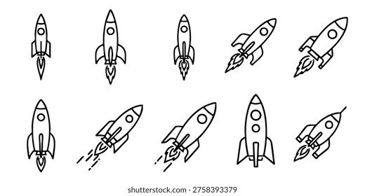 Rockets are launching into space with various designs and styles shown, Rockets soar through space in various flight formations and angles.