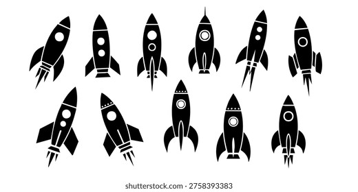 Rockets are launching into space with various designs and styles shown, Rockets soar through space in various flight formations and angles.