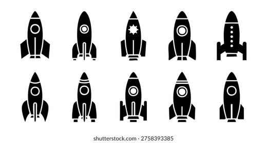 Rockets are launching into space with various designs and styles shown, Rockets soar through space in various flight formations and angles.