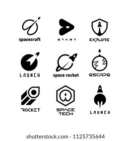 Rockets, launching shuttles, space travelling, spaceship and start-up vector logos isolated. Rocket and spaceship, shuttle ship logo illustration