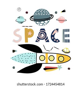 Rockets with lettering phrase. Print for T-shirts, kids book, notebook, poster, postcard etc.Vector illustration. 