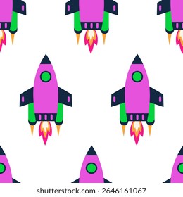 Rockets made in a flat style, in bright colours, taking off into space, on a white background. Seamless space vector pattern