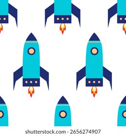 Raketen im flachen Stil, in hellen Farben, die auf weißem Hintergrund ins All abheben. Nahtloses Vektormuster