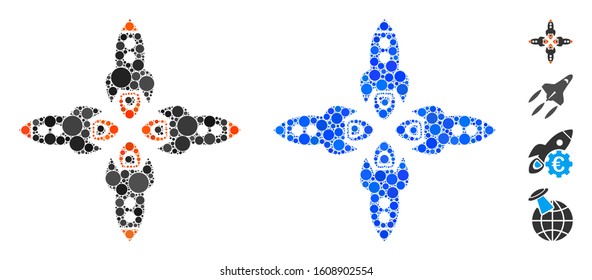 Rockets mosaic of round dots in different sizes and color tinges, based on rockets icon. Vector round dots are combined into blue mosaic. Dotted rockets icon in usual and blue versions.
