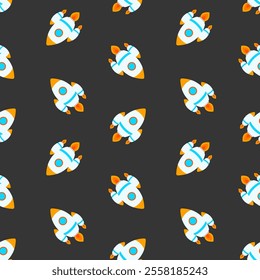 Rockets on grey background vector seamless pattern. Kids spaceships design, jet, galaxy wallpaper