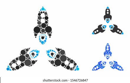 Rockets out composition of circle elements in various sizes and color tints, based on rockets out icon. Vector circle elements are united into blue illustration.