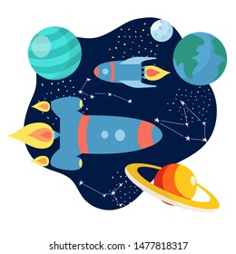 Rockets in outer space with stars, moon, asteroids, constellation on background. Spaceship exploring universe and galaxy. Cartoon spacecraft  in spacesuit for your design.