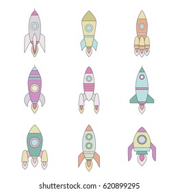 Rockets outline colored icon set. Clean and simple design.