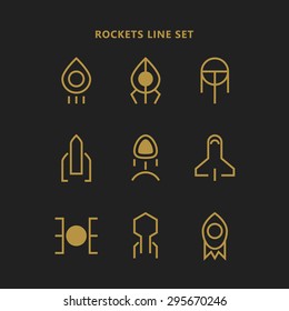 Rockets outline logos set. Minimalistic vector illustration. Rocket logo. Rocket line icon. Rockets set. Satellite line icon. Satellite best logo. Rocket web icon. Satellite web icon. Rocket web logo