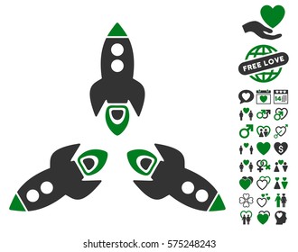 Rockets pictograph with bonus valentine pictograms. Vector illustration style is flat rounded iconic green and gray symbols on white background.