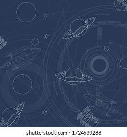 Rockets, planets, scribbles and stars. Hand drawn space print. Dark blue seamless pattern with space objects. Vector