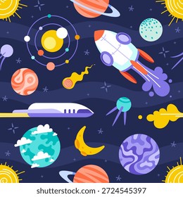 Raketen und Planeten nahtloses Muster. Dunkler Hintergrund Raum doodle print. Sterne, niedliche Raumschiffe, Milchstraße, Galaxie. Farbiges Kindermuster.