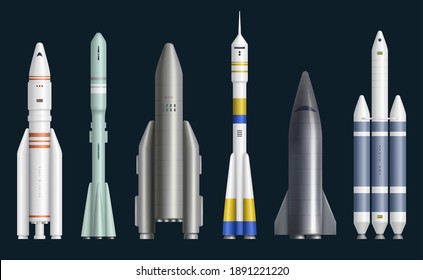 Rockets realistic. Cosmos spaceships for expedition rocket launch missles exploring universe decent vector pictures