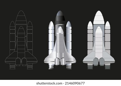 Rockets are realistic. Shuttle spaceships to launch expeditionary rockets exploring the universe, vector illustration
