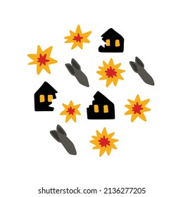 rockets and ruined house from explosion doodle icons, vector illustration