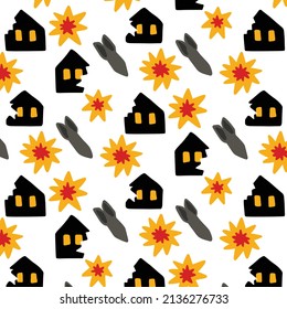 rockets and ruined house from explosion seamless doodle pattern, vector illustration