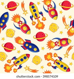 Rockets seamless pattern. Background with rockets, planets and stars. Vector illustration