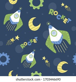 Rockets in the space. Cartoon vector seamless pattern.	