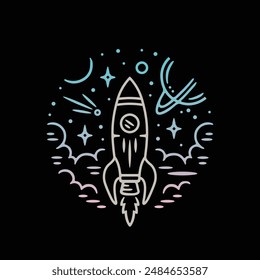rockets in space with a modern, fun and childish line art style, can also be applied to tattoo designs