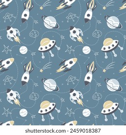 Rockets in space, seamless pattern. Galaxy, dreams, universe. Space trip. Flight among planets and stars. Shuttle, UFO, future. For wallpaper, fabric, packaging, background. Scandinavian style