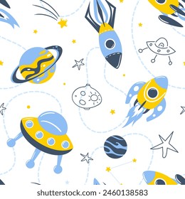 Rockets in space, seamless pattern. Galaxy, dreams, universe. Space trip. Flight among planets and stars. Shuttle, UFO, future. For wallpaper, fabric, packaging, background. Scandinavian style