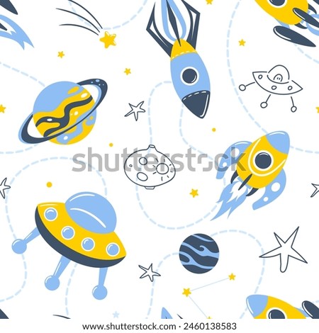 Rockets in space, seamless pattern. Galaxy, dreams, universe. Space trip. Flight among planets and stars. Shuttle, UFO, future. For wallpaper, fabric, packaging, background. Scandinavian style