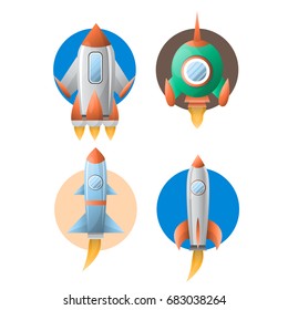 Rockets spaceship satellites vector flat cartoon icons