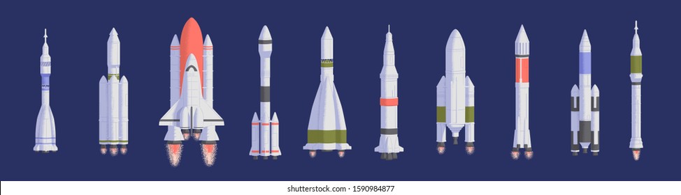 Rockets and spaceships flat vector illustrations set. Space shuttles for universe exploration and interstellar travel. Various spacecrafts isolated on dark blue background. Aerospace engineering.