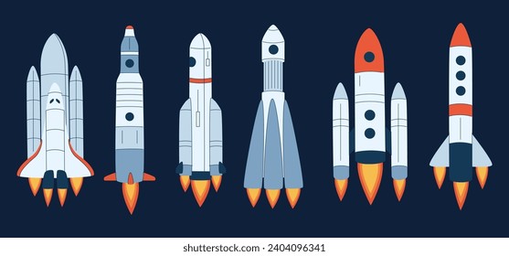 Rockets and spaceships flat vector illustrations set. Space shuttles for universe exploration and interstellar travel. Various spacecrafts isolated on dark blue background. Aerospace engineering.