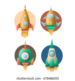 Iconos planos vectores de dibujos animados retro de cohetes o naves espaciales