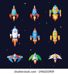 Rockets, spaceships and spacecraft flat vector set.