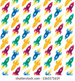 Rockets, spaceships vector seamless pattern. Flat flying spacecrafts, interstellar vehicle texture