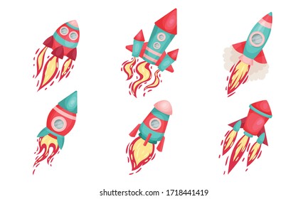 Rockets Speeding in Space with Flames from Exhaust Opening Vector Set