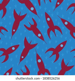 Raketen und Sterne haben ein nahtloses Muster. Handgezeichnet Hintergrund. Vektorgrafik für Oberflächendesign, Druck, Poster, Ikone, Web, Grafikdesign.
