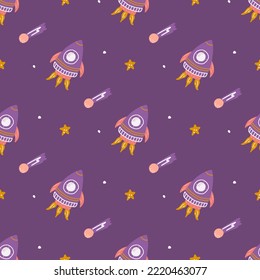Rockets with stars on purple background, vector seamless pattern, children's print for fabric, paper products.