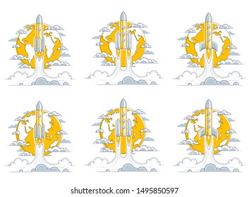 Rockets start from earth to space to discover undiscovered galaxies. Explore universe, interesting space science. Thin line 3d vector illustrations set isolated on white.