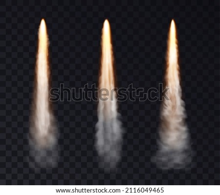 Rockets tracks. Space ship airplane launch smoke, plane jets track and aircraft smoke cloud. Aviation jet fly or spaceship sky air tracks steam. 3d vector illustration