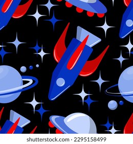 Rockets, ufo, planets and stars on a black background. Seamless pattern. Space vector illustration for school supplies decoration, wallpaper, book cover.