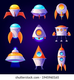 Rockets, ufo and shuttles isolated on blue background. Vector cartoon futuristic design of different spaceships in cosmos, flying saucer, unidentified rocketships and satellites