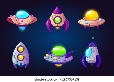 Rockets, ufo and spaceships isolated on blue background. Vector cartoon futuristic design of different shuttles in cosmos, flying saucer, unidentified rocketships and satellites