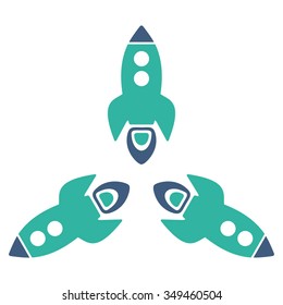 Rockets vector icon. Style is bicolor flat symbol, cobalt and cyan colors, rounded angles, white background.