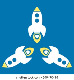 Rockets vector icon. Style is bicolor flat symbol, yellow and white colors, rounded angles, blue background.